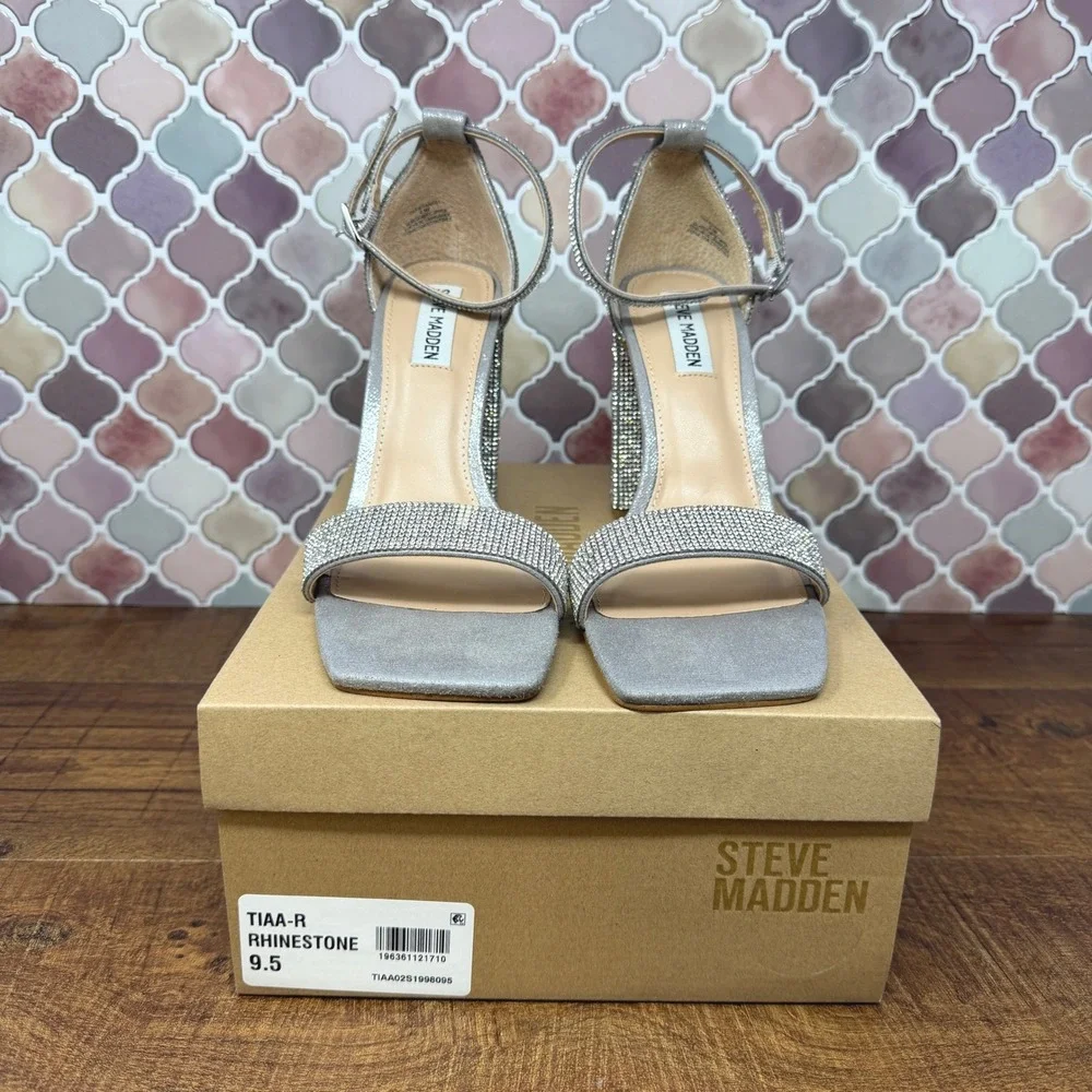 Steve Madden TIAA-R Rhinestone Block Heels Silver‎ 9.5 w/ Box